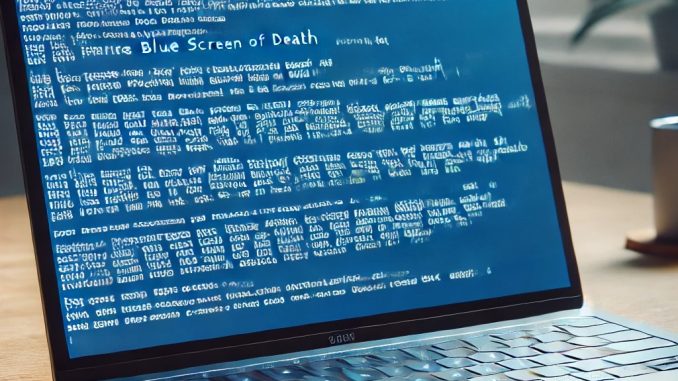 DALL·E 2024-09-06 08.40.45 - A detailed image of a laptop displaying the Blue Screen of Death (BSOD) error. The laptop is open on a desk, with the classic Windows blue error scree